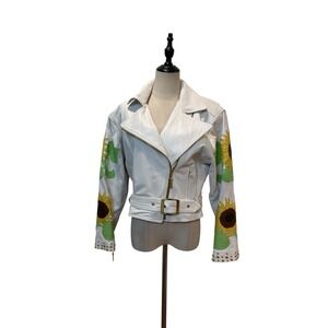 Vtg John Michael Leather Cropped Moto Jacket Emblished Sunflower Studded Biker